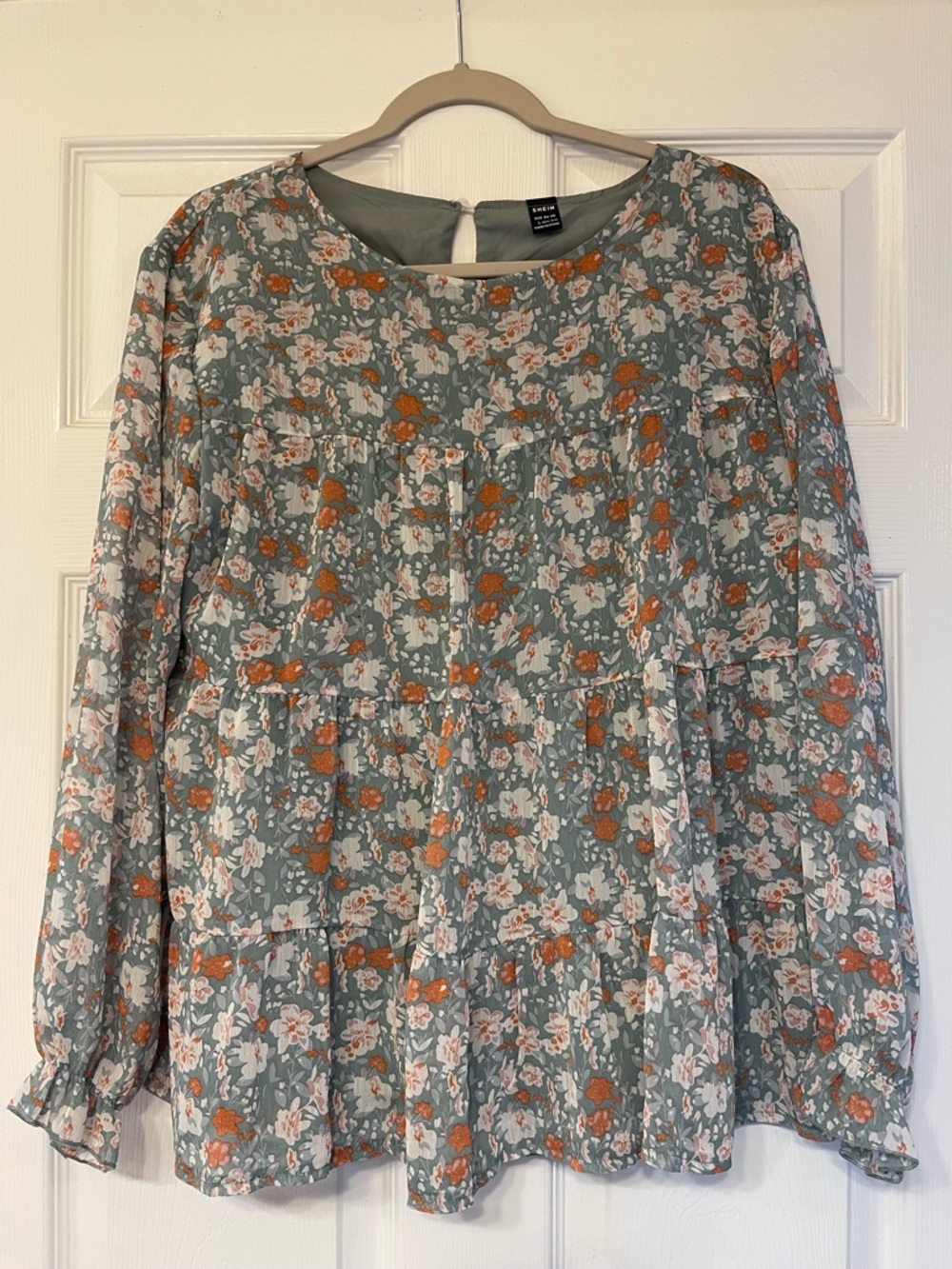 SHEIN Sage Green Floral Tiered Blouse with Rust Blossoms